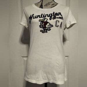 Hollister White Tee with Huntington Beach and Bird Embroidery